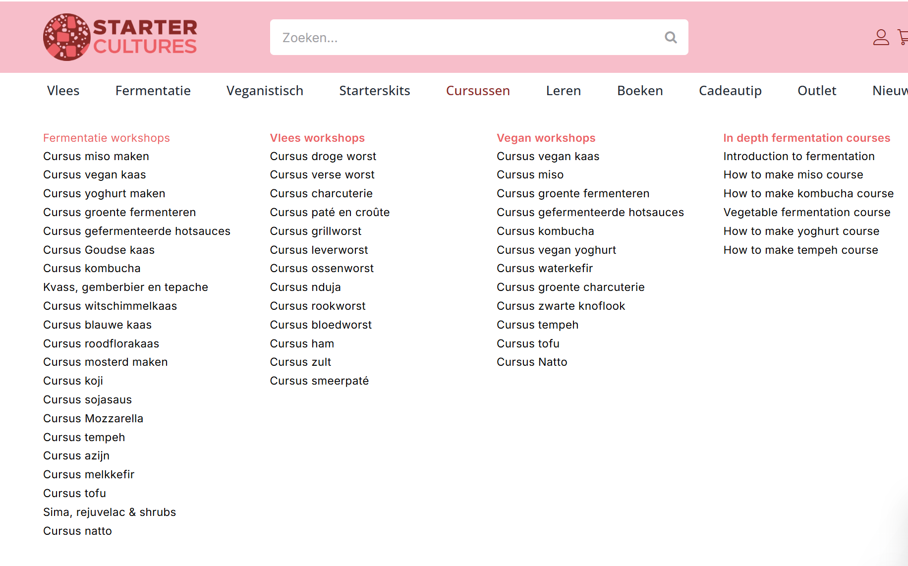 Het menu met online fermentatiecursussen op Startercultures